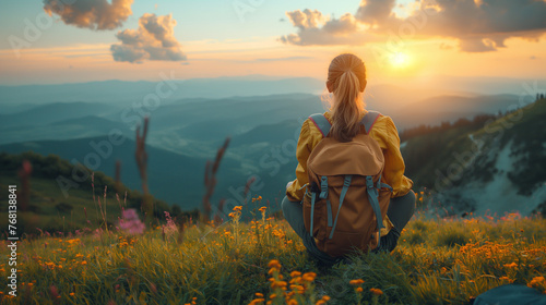 Rear view of a woman meditating while sitting on a mountain top and watching the sunset or sunrise. Calmness and tranquility.