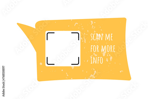 Textured yellow rectangular doodle speech bubble with space for a QR code and the inscription scan me. Hand drawn vintage vector element with grunge gritty effect, frame.