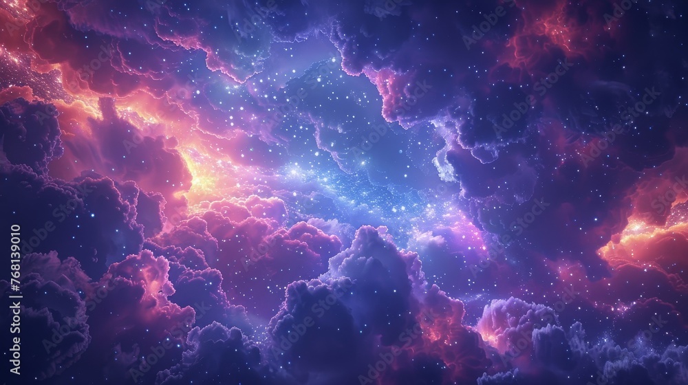 Ethereal sky filled with fluffy, glowing clouds under the stars Ethereal sky filled with fluffy, glowing clouds under the stars
