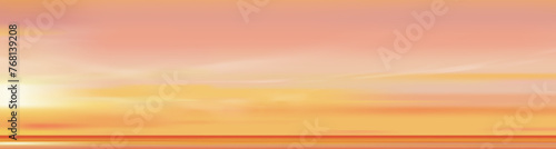 Yellow Sunset Sky Background,Sunrise cloud Orange,Pink in morning Summer,Vector sunny Autumn,Nature landscape field in evening.Winter sunlight,cartoon illustration Horizon Spring sundown by Sea Beach