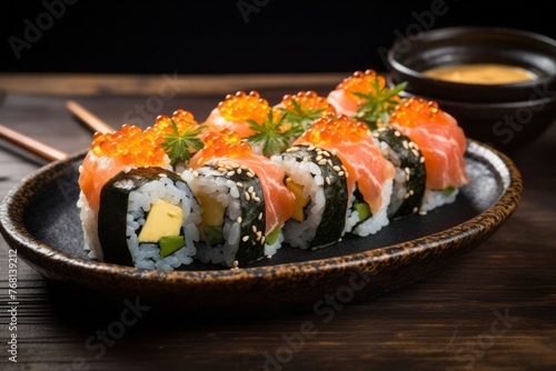 Delicious sushi in a clay dish against a rustic wood background