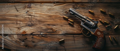 A classic revolver with scattered bullets on an old wooden table, evoking a western theme. photo