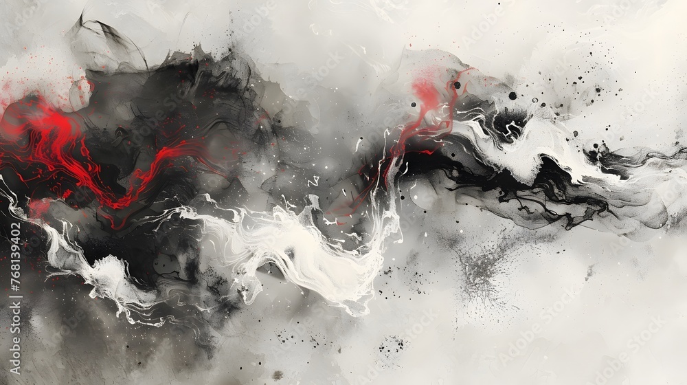 Black and red ink painting of a landscape with Japanese oriental style. Black and red ink painting of a landscape with Japanese oriental style.
