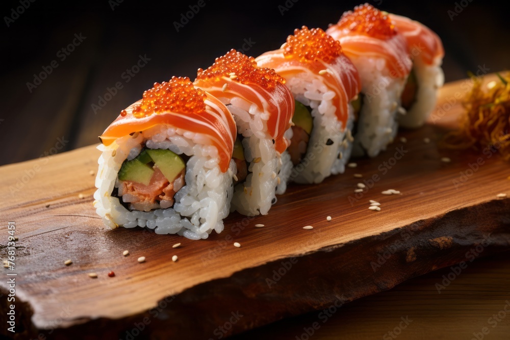 Tempting sushi on a marble slab against a rustic wood background Tempting sushi on a marble slab against a rustic wood background