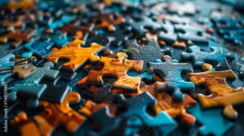 Puzzle: A close-up of a jigsaw puzzle, with pieces scattered around