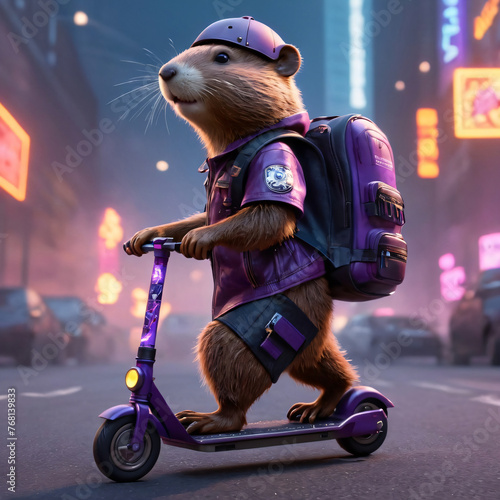 Cartoon Beaver or Capybara works as a delivery man on a scooter at night in a big city among glowing signs. Animal courier delivers parcels photo