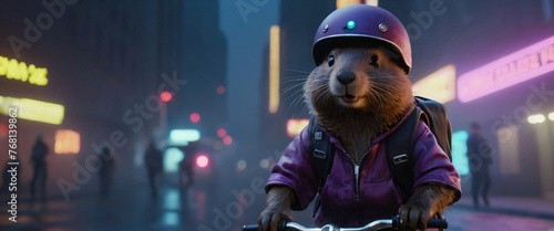 Cartoon Beaver or Capybara works as a delivery man on a scooter at night in a big city among glowing signs. Animal courier delivers parcels photo