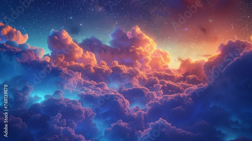 Surreal scene of colorful clouds and glowing stars in night sky