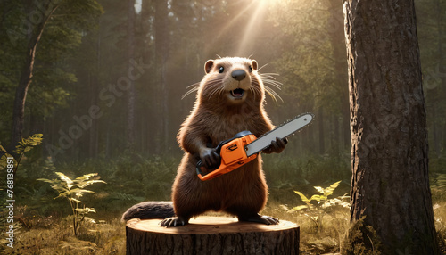 A cartoon Beaver in the forest among the trees stands with a chainsaw in its paws on a felled tree stump