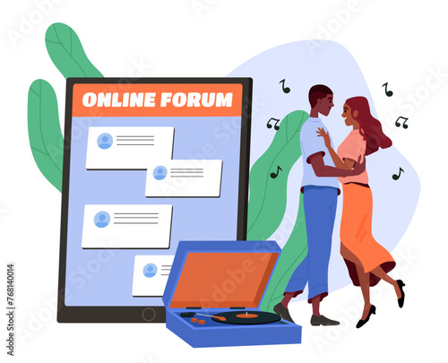 Couple dancing concept. Man and woman near vynil plastic disc. Active lifestyle and leisure. Romantic activities. Family at party. Cartoon flat vector illustration isolated on white background