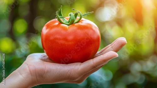 Ripe tomato held in hand, tomato selection on blurred background with copy space for text