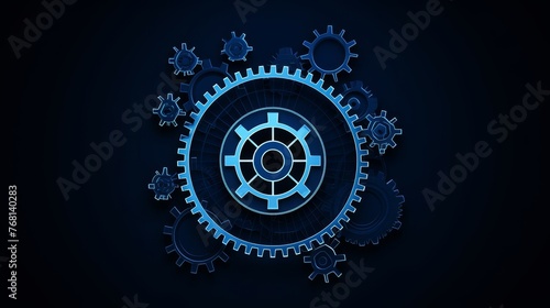 Wireframe illustration of a gear on a dark blue background.