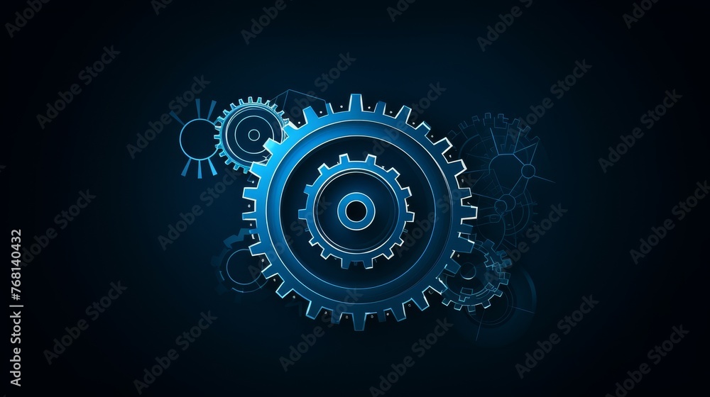 Wireframe illustration of a gear on a dark blue background.