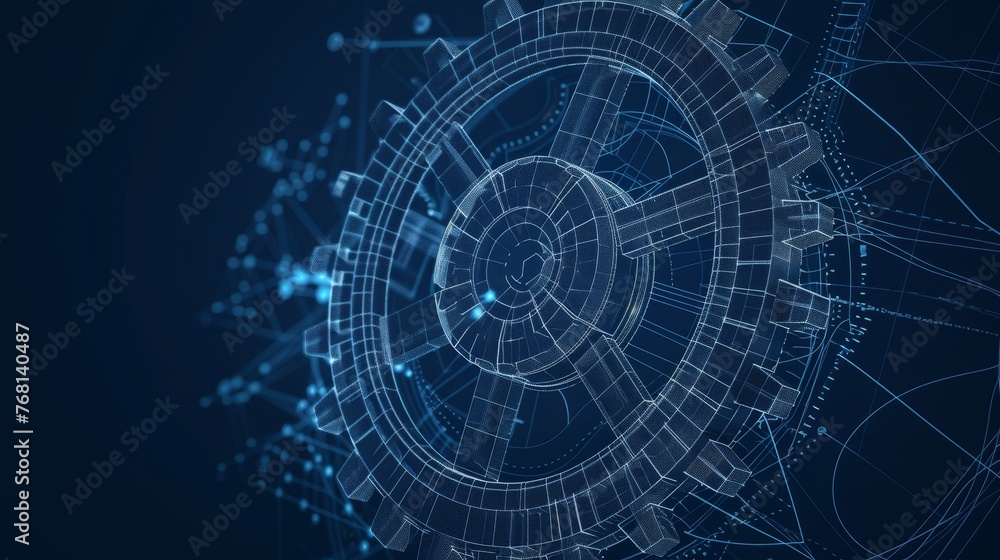 Wireframe illustration of a gear on a dark blue background. Wireframe illustration of a gear on a dark blue background.
