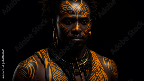 Profile view of an African man adorned with tribal body paint and ethnic jewelry, showcasing cultural heritage and identity. © CG_Lokesh_Stock