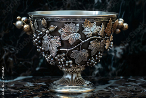 Silver antique chalice with grapes and leaves embossed on the sides as well as grapes in and around as embellishment