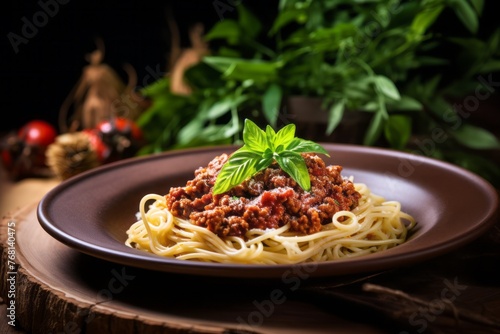 Refined spaghetti bolognese on a palm leaf plate against a rustic wood background