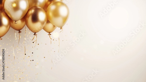 Golden balloons on light background with space for copy, birthday. Beautiful illustration with space for copy, text, and advertising. Postcard with golden confiti and balloons