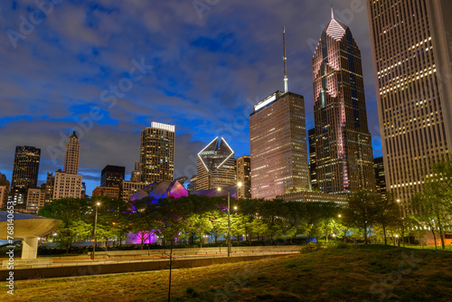 View of Chicago skyline from Millennium park at twilight