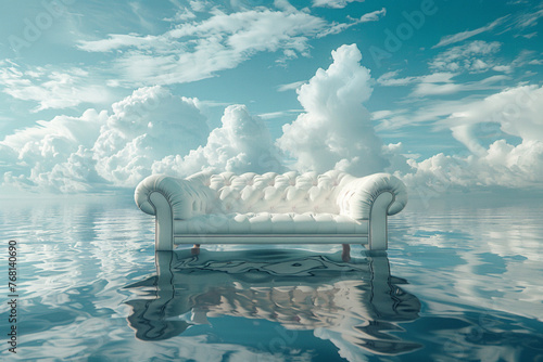 Sofa in the water and big sky, abstract view