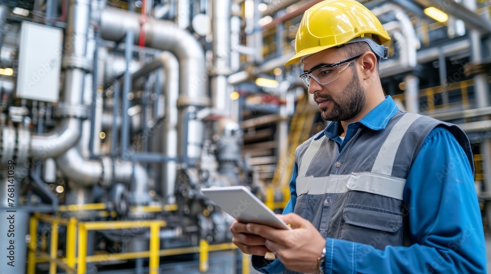 Middle eastern engineer using tablet at oil refinery near storage tanks and piping in sunlight - obrazy, fototapety, plakaty 