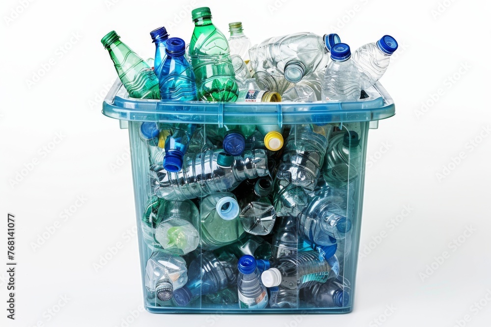 A recycling bin overflowing with plastic bottles. A recycling bin overflowing with plastic bottles.