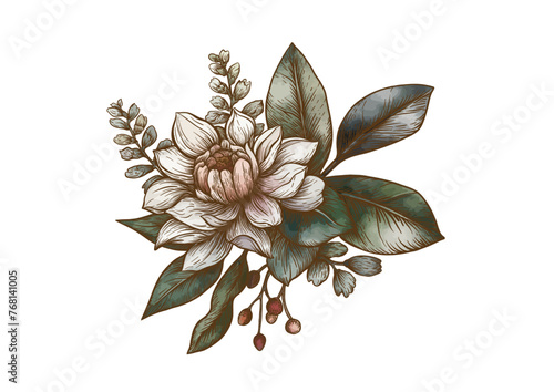 Boutonniere of wild rose flowers and berries Clip art, set of elements for design Graphic drawing, engraving style. Vector illustration. In botanical style