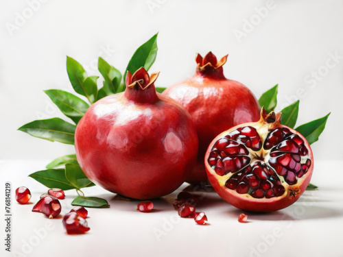 pomegranate fruit with green leaves on white background