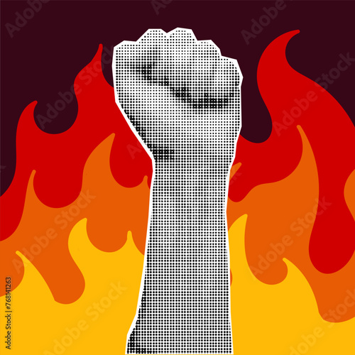 Halftone collage banner, raised fist on a background of flames. Protest concept, paper cut hand gesture, pop art illustration.