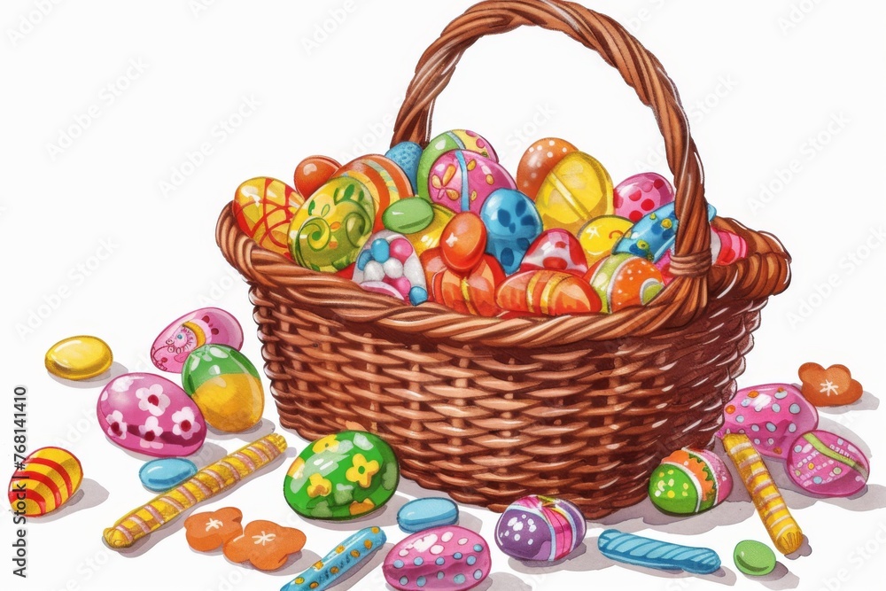 A traditional Easter basket filled with assorted candies and treats. Illustration On a clear white background 