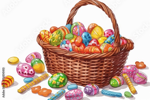 A traditional Easter basket filled with assorted candies and treats. Illustration On a clear white background 