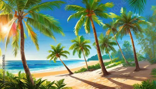 Beach scene with tall green palm trees  blue ocean and sandy beach. Tropical paradise. Summer landscape.