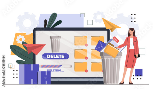 Woman with deleting data. Young girl with folders with files near trashcan. Empty space at storage and archives. Person delete folders. Cartoon flat vector illustration isolated on white background