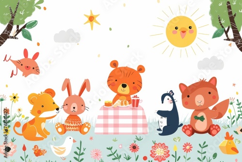 An assortment of sweet animals enjoying a picnic under a sunny sky. Illustration On a clear white background  © Jennie Pavl