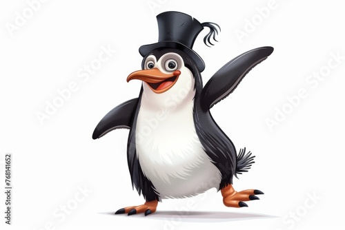 An exuberant penguin in a top hat, doing a funny dance on its flippers. Illustration On a clear white background 