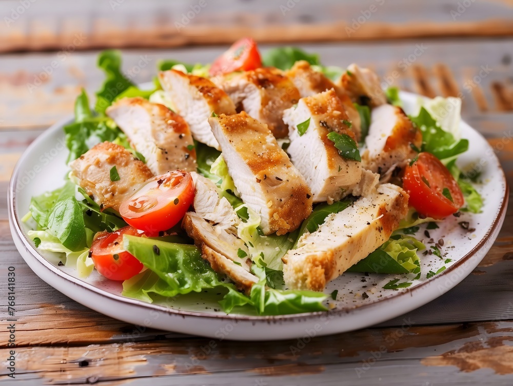 Caesar salad with chicken and tomatoes with croutons on a white plate with a wood background, food, culinary social media post Caesar salad with chicken and tomatoes with croutons on a white plate with a wood background, food, culinary social media post