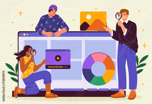 Graphic designers people. Men and woman work at common project. Freelancers develop graphic elements for webpage. Creative occupation. UI and UX design. Cartoon flat vector illustration