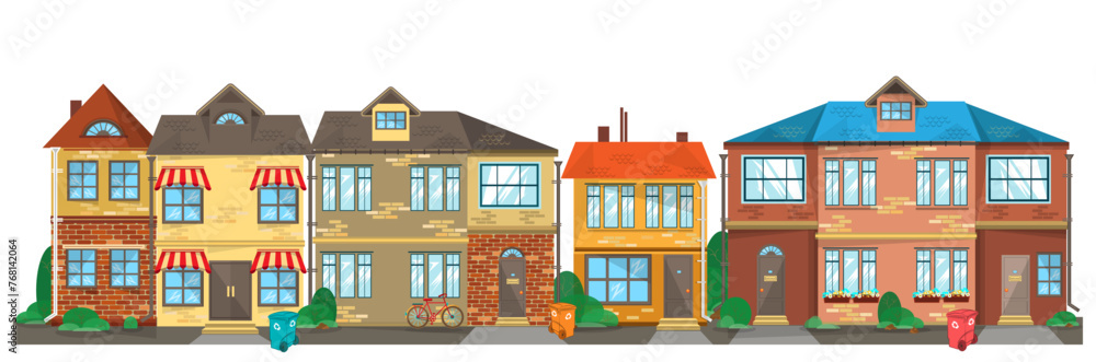 Residential area in the suburbs. Street with small two-story cottages. A collection of five unique houses. Vector illustration