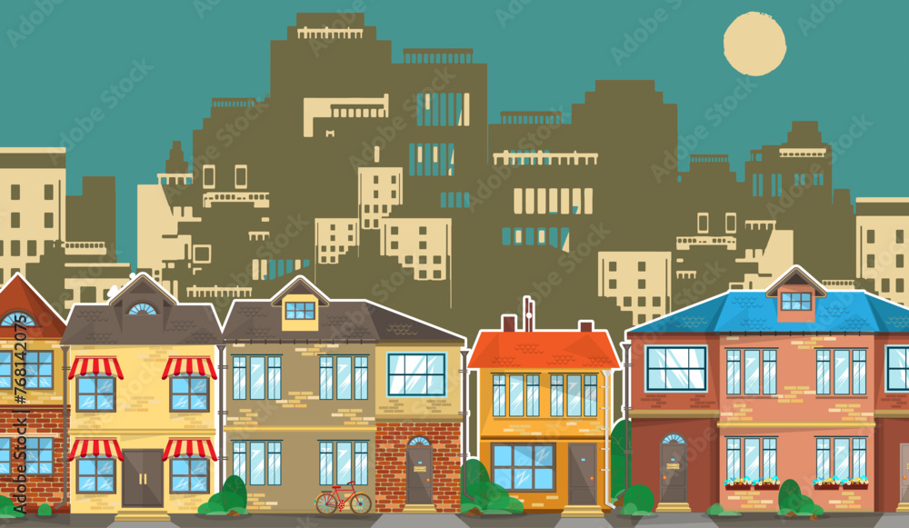 A cozy suburban quarter with two-story cottages against the backdrop of gloomy silhouettes of a modern metropolis. Colored brick houses on a background of concrete skyscrapers. Vector illustration