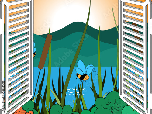 Beautiful landscape outside the window. Open white shutters, coastal plants, reeds, bees and the opposite bank of the river. Vector illustration
