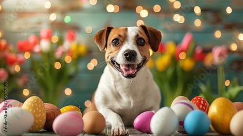 Happy Dog with few easter eggs in beautiful studio background with tulips and spring decorations created with Generative AI Technology #768142069