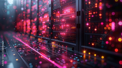 3D illustration of a server room showcasing node-based programming and data design elements, representing the concept of big data storage and cloud computing technology.