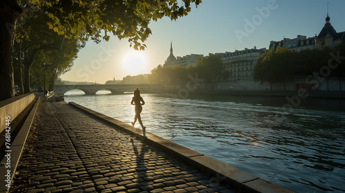 Jogger on the river bank in the early morning in the city. © Janis Smits