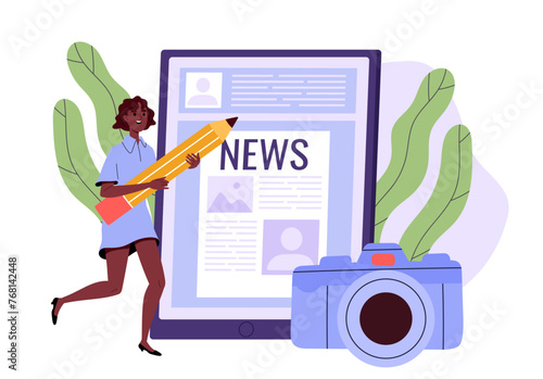 Development of news concept. Woman with huge pencil and video camera near smartphone or digital tablet with online newspaper. Mass media worker, journalist. Cartoon flat vector illustration