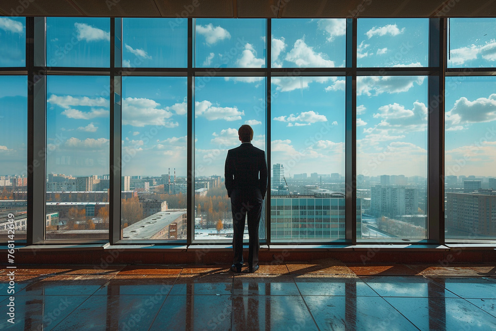 Businessman standing in office room, in front of big window, watch downtown below, deph of field, stockphoto, cinematic daylight, back side Businessman standing in office room, in front of big window, watch downtown below, deph of field, stockphoto, cinematic daylight, back side