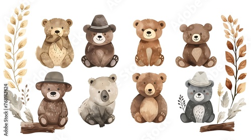 a simple clipart set of gouache cartoon cute brown bears in hats in muted colors on a white background