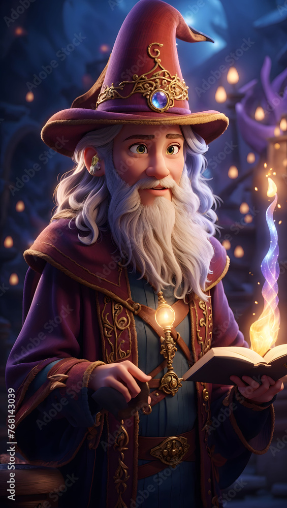 Mystical Wizard Reading a Spell Book with Magic Wand. 3D avatar of a wizard casting spells from a book.