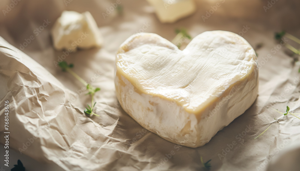 Soft cheese with mold on top - camembert or brie type, in shape of heart. Generative AI Soft cheese with mold on top - camembert or brie type, in shape of heart. Generative AI