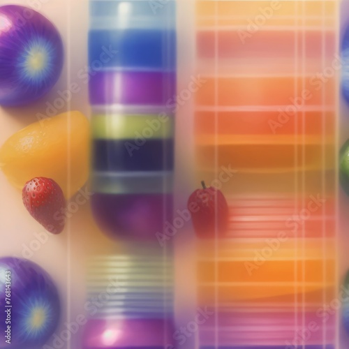 vibrant collection of fruits in patterned bowls, artistically arranged on a reflective surface