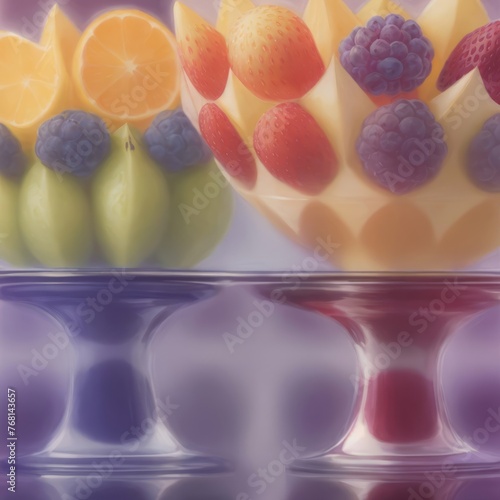 vibrant collection of fruits in patterned bowls, artistically arranged on a reflective surface